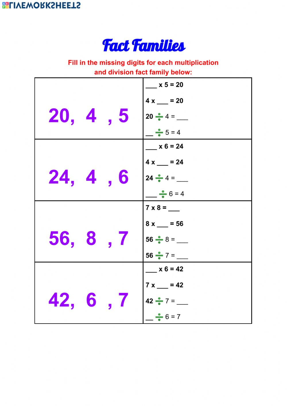 Fact Families Multiplication And Division Worksheet Fact Families Multiplication And Division Worksheet