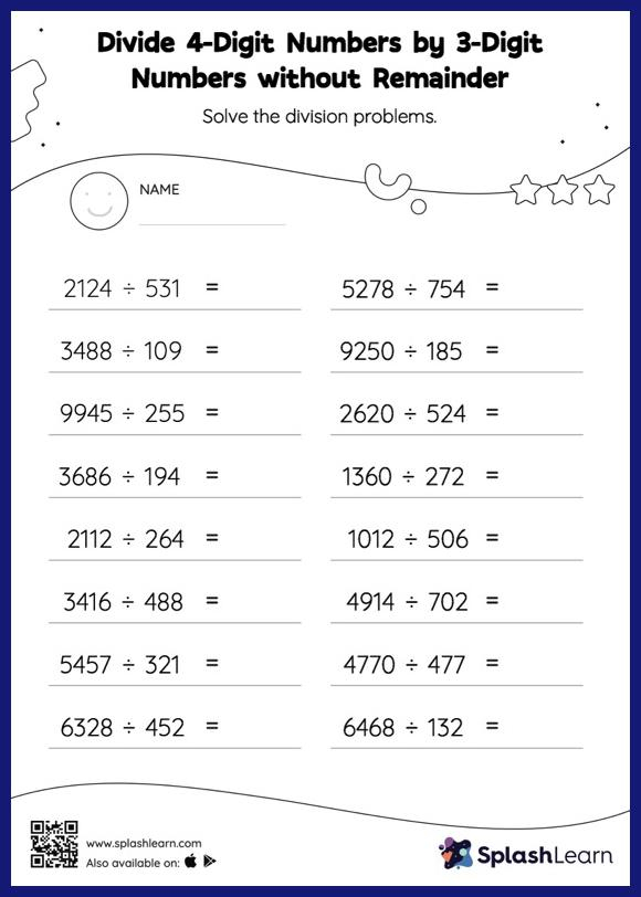 Grade 4 Math Worksheet Dividing 4 By 1 Digit Numbers With Remainder K5 