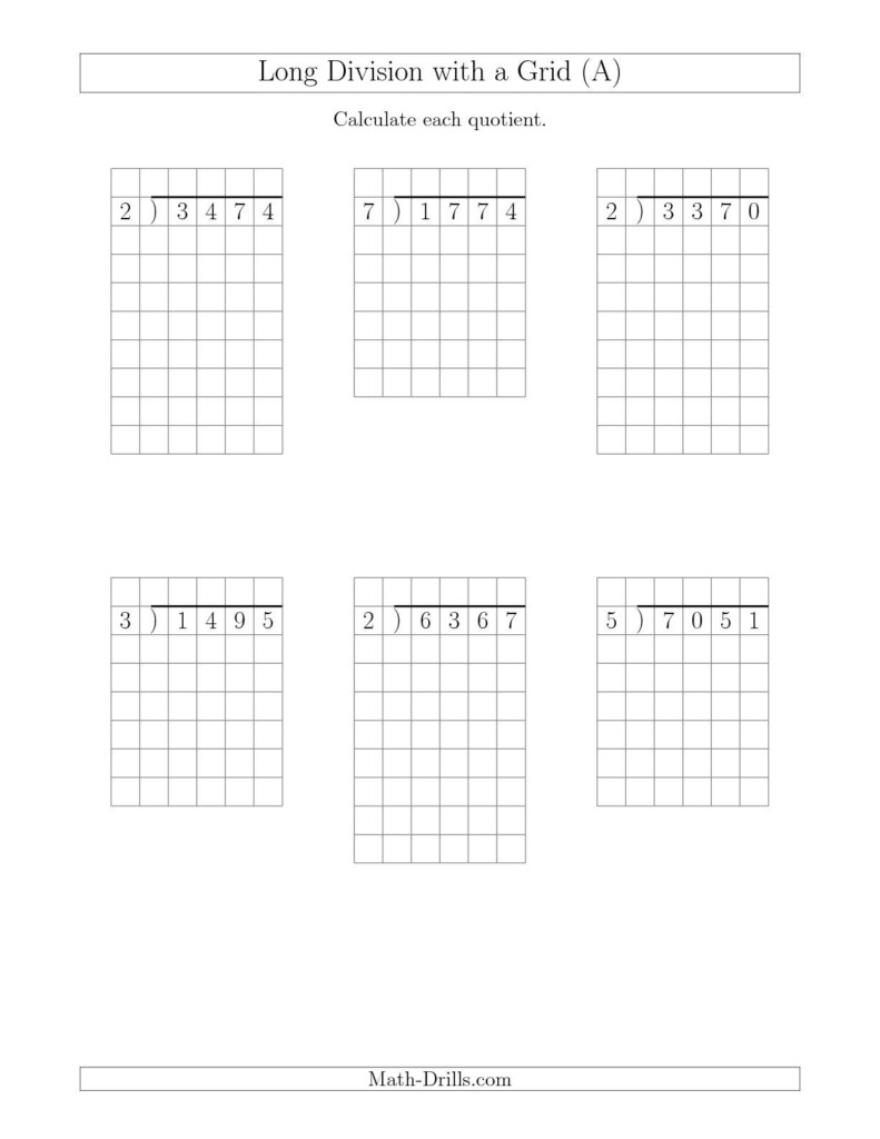 Long Division With Grid Assistance 4 Digit By 1 Digit With Remainders 