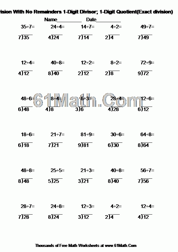 Long Division With No Remainders 1 Digit Divisor 1 Digit Quotient Exact Division Create Your 