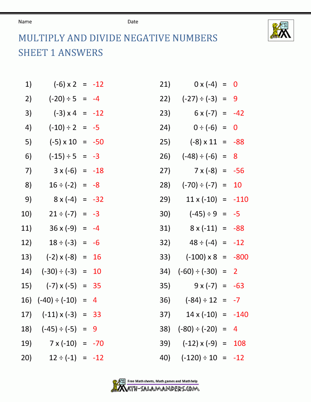 Multiplication And Division Of Positive And Negative Numbers Worksheet Multiplication And Division Of Positive And Negative Numbers Worksheet