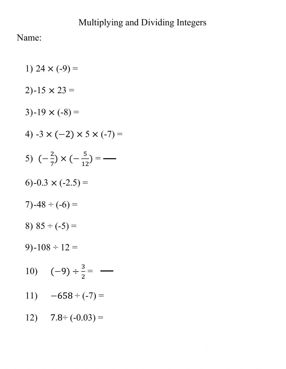 Multiply And Divide Integers Worksheet Multiply And Divide Integers Worksheet