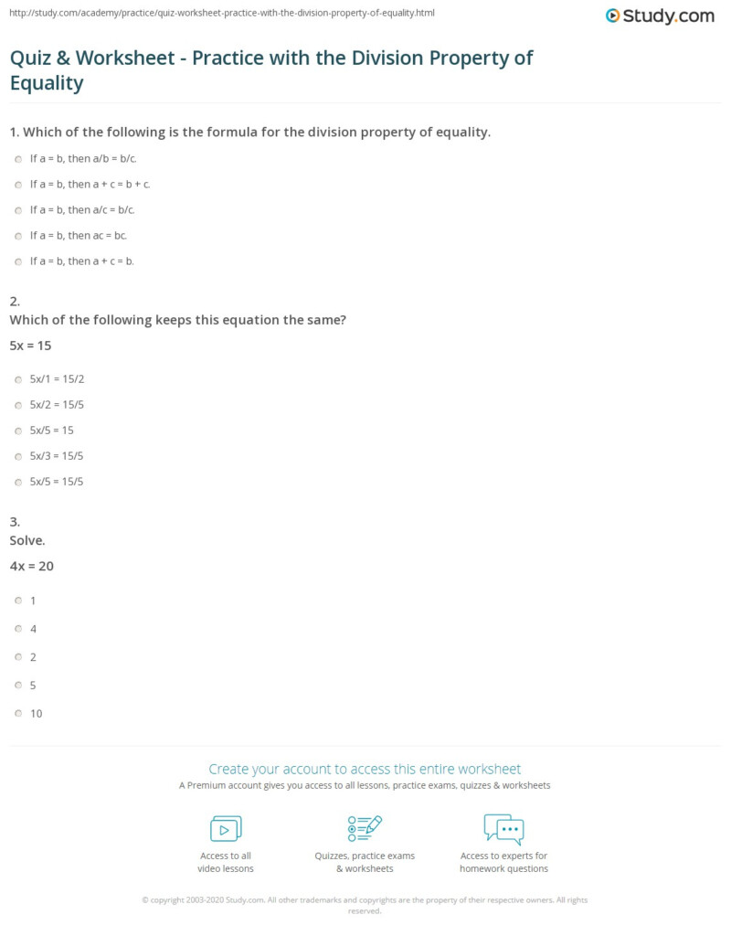 Quiz Worksheet Practice With The Division Property Of Equality 