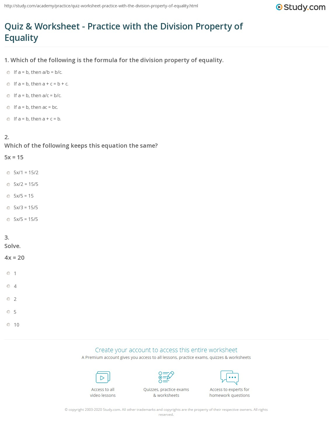 Quiz Worksheet Practice With The Division Property Of Equality