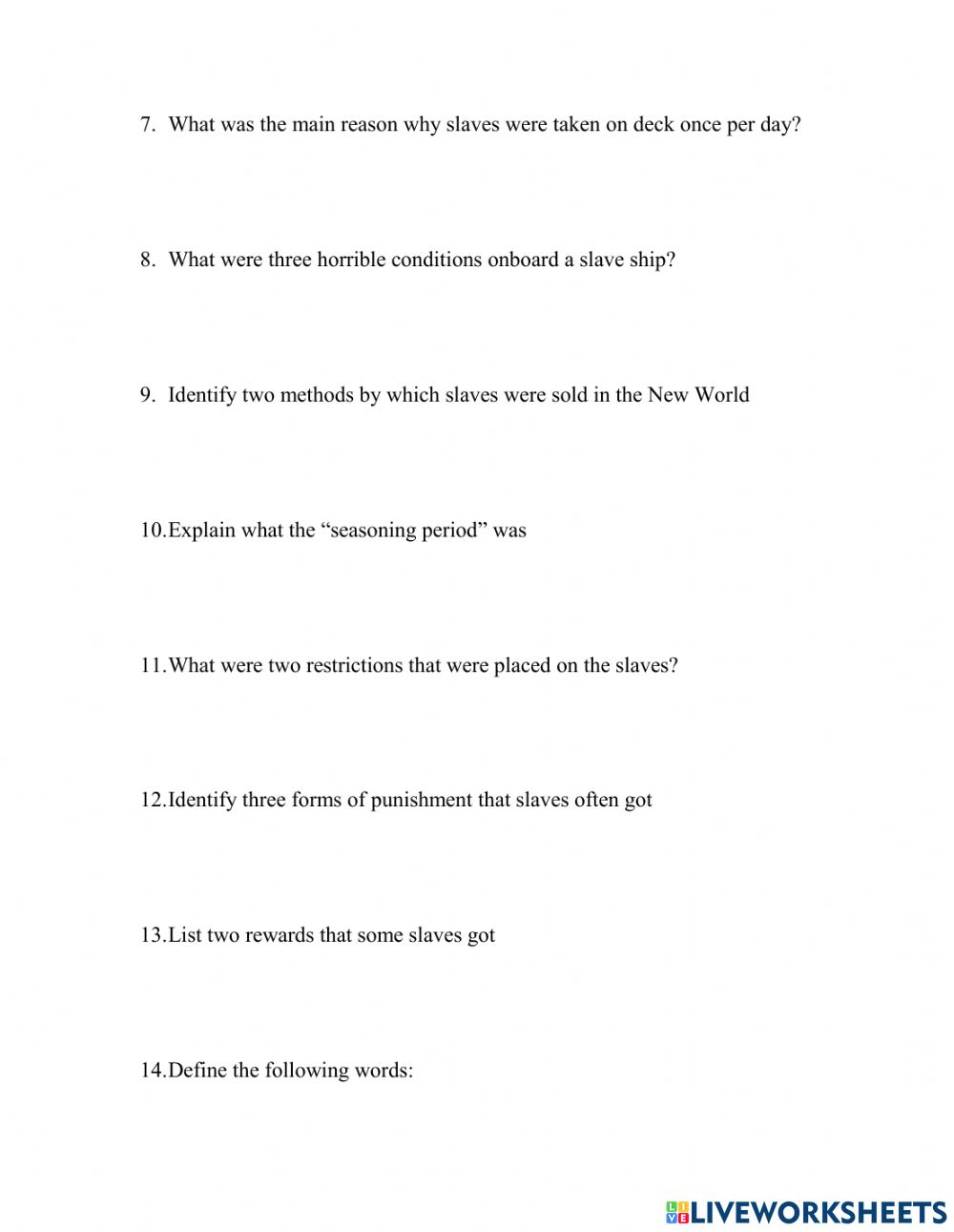 The Slave Trade Worksheet The Slave Trade Worksheet