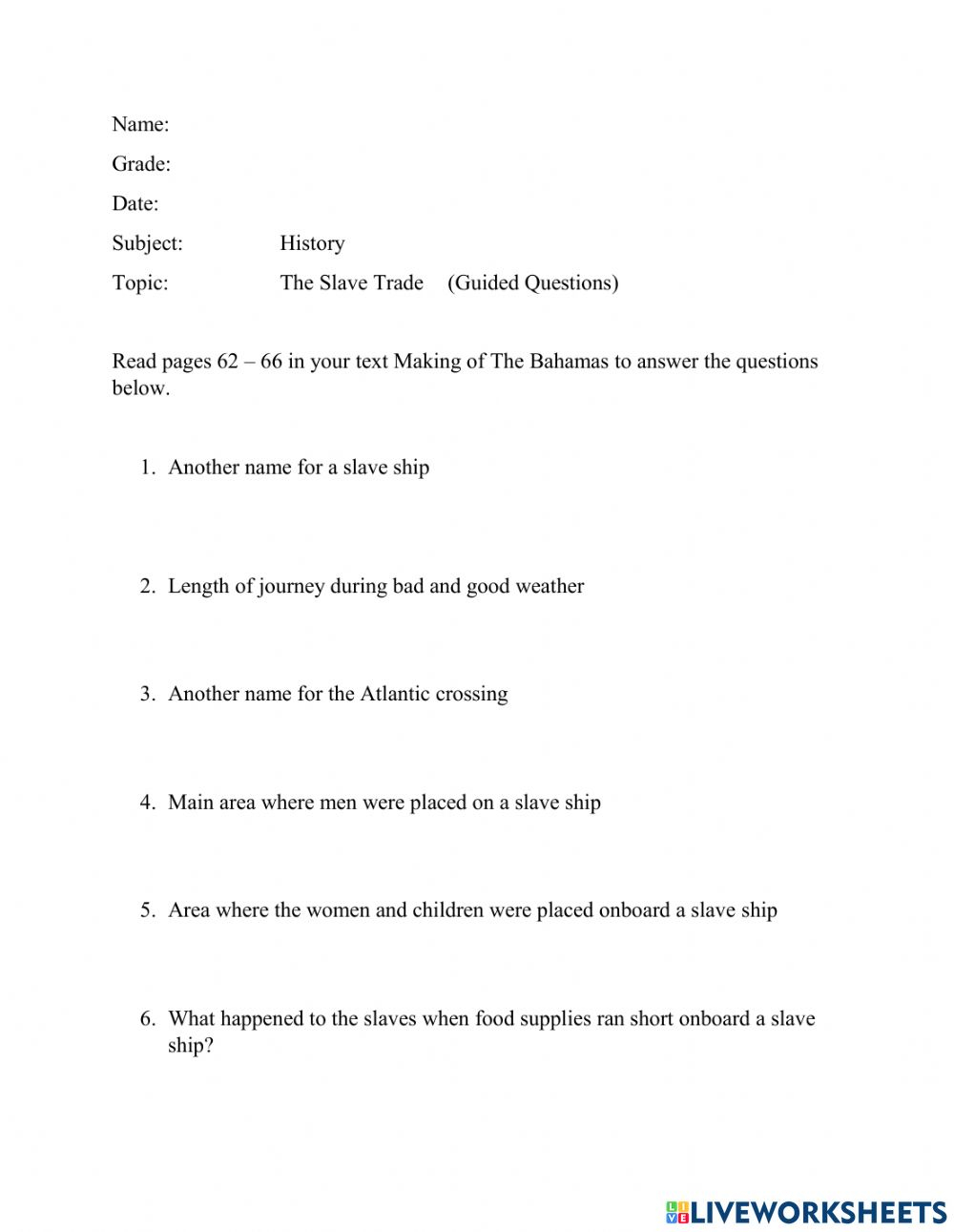 The Slave Trade Worksheet The Slave Trade Worksheet
