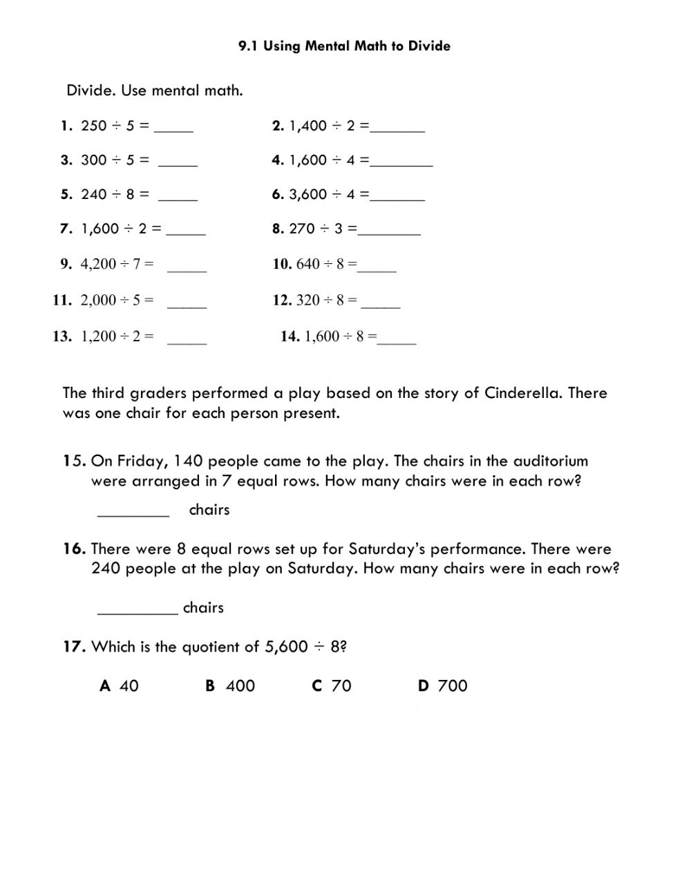Using Mental Math To Divide Worksheet Using Mental Math To Divide Worksheet