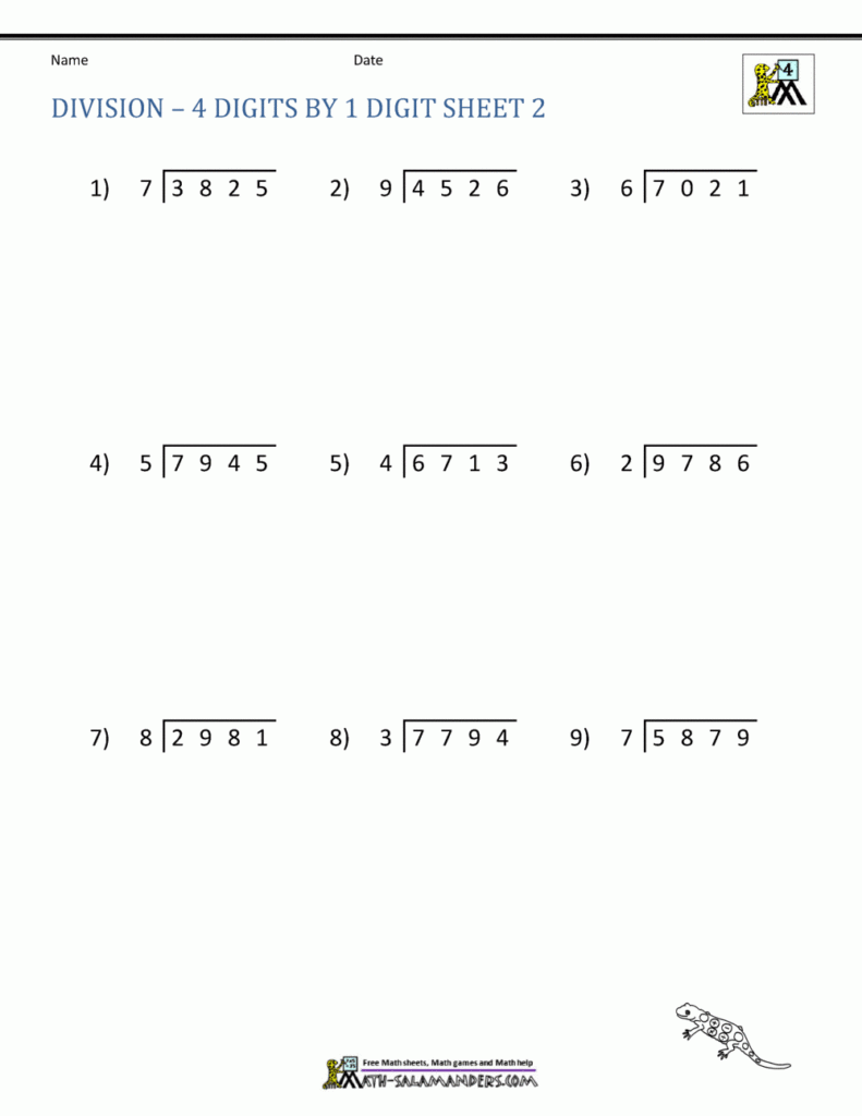 4 Digit By 1 Digit Division Worksheets