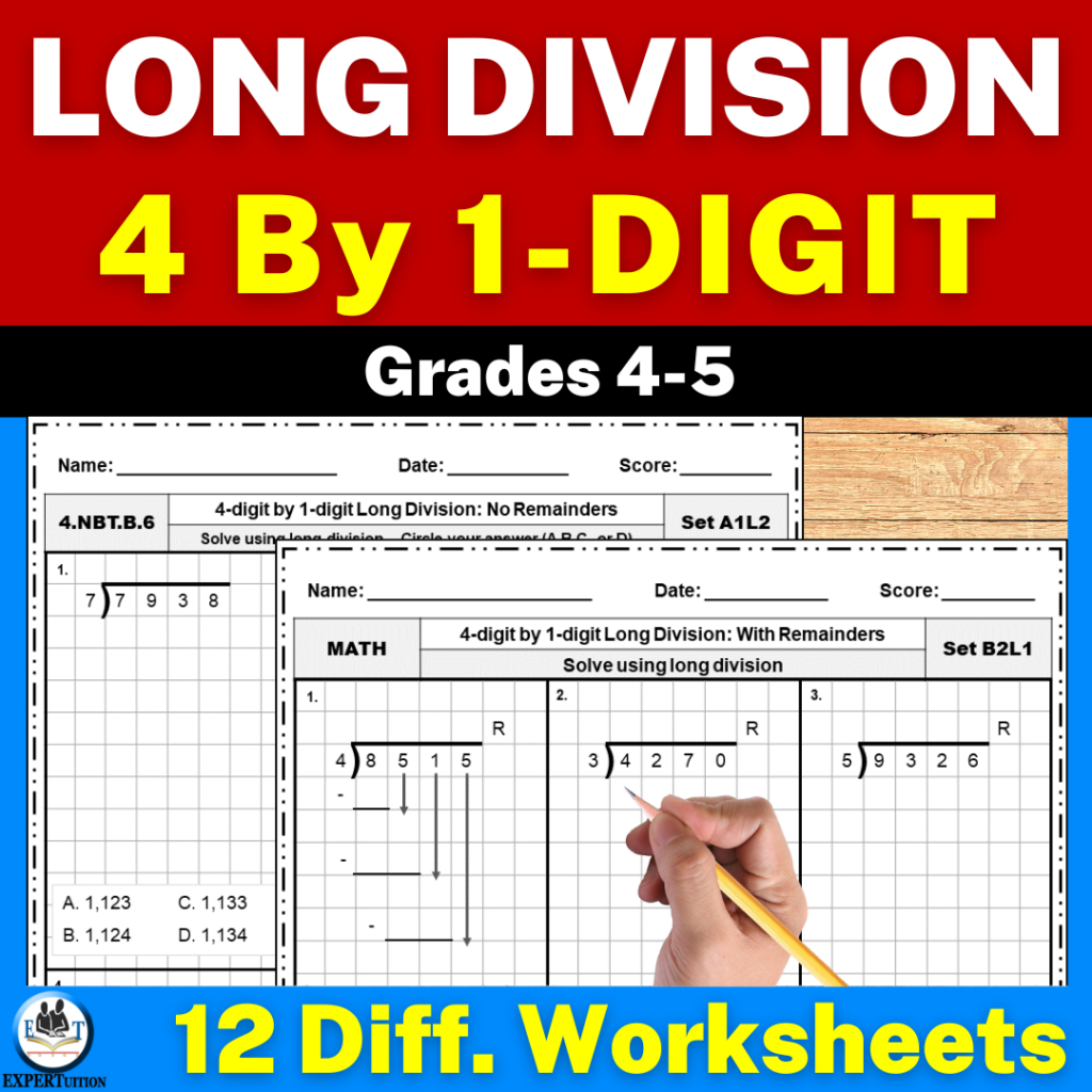 4 Digit By 1 Digit Long Division With And Without Remainders Practice 