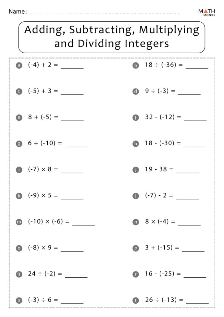Addition Subtraction Multiplication Division Worksheets With Answer Key