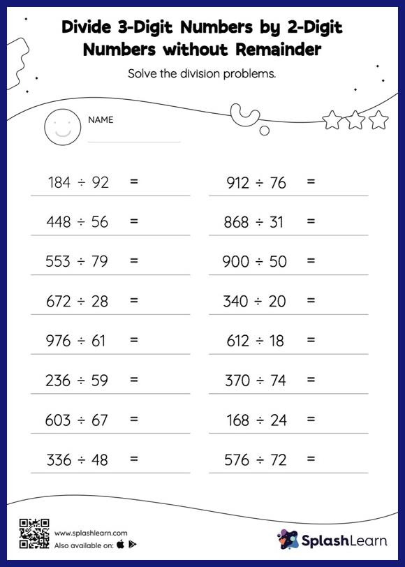 Divide 3 Digit Numbers By 2 Digit Numbers Without Remainder Horizontal 