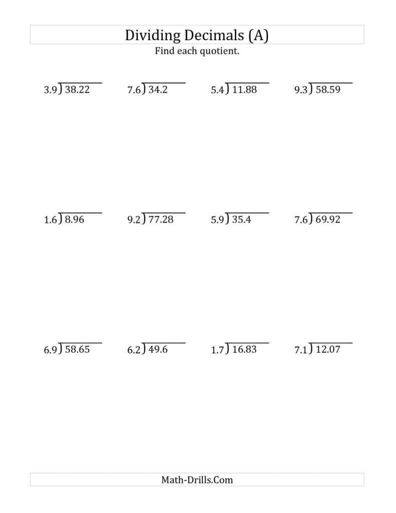 Divide Decimals By Decimals Worksheet
